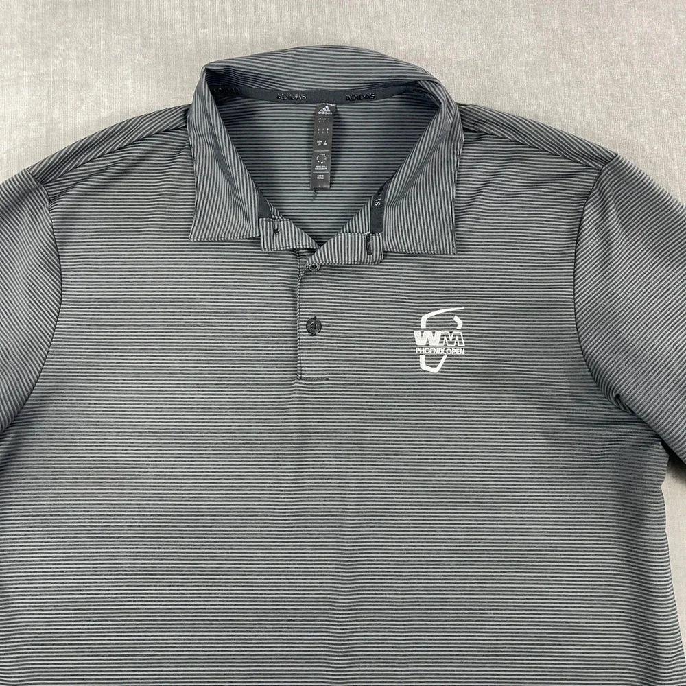 Adidas Mens Large Black Polo Shirt WM Phoenix Open TPC Scottsdale Golf Striped